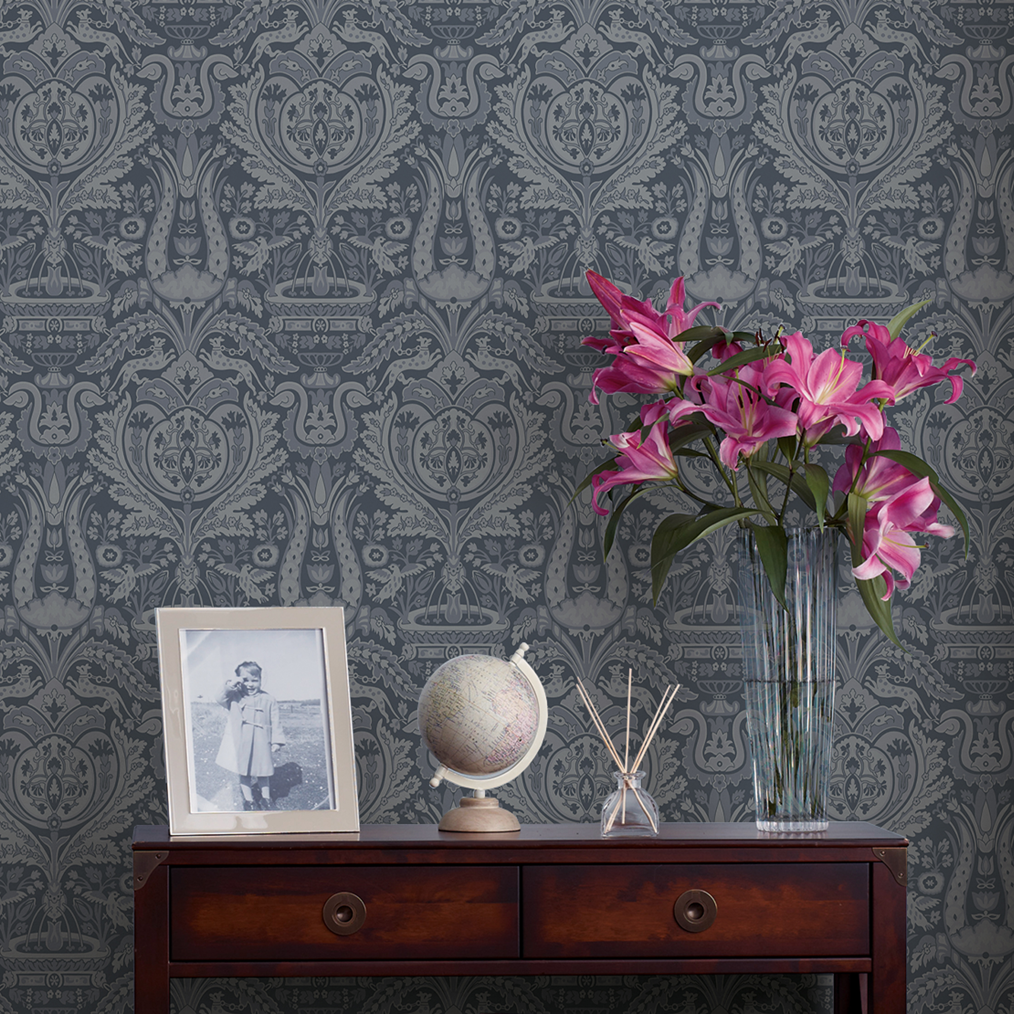 Heraldic Damask Wallpaper 113409 By Laura Ashley In Dusky Seaspray Blue